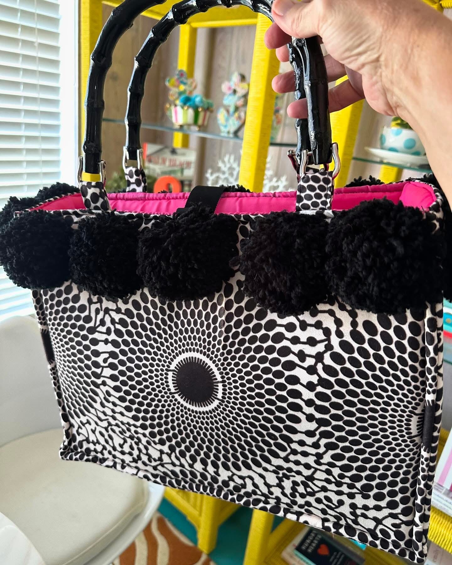 "Pom Pom" African Fabric Bag with Bamboo Handles