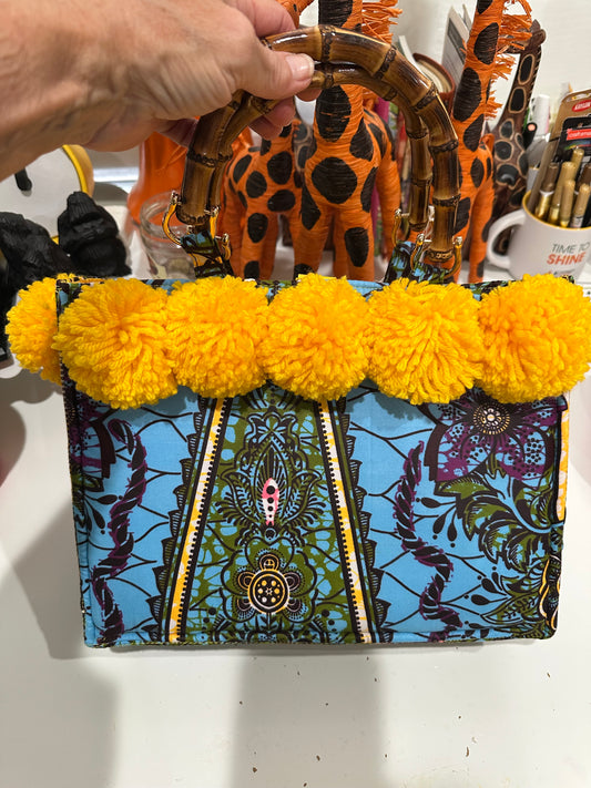 "Pom Pom" African fabric bag with Bamboo Handles